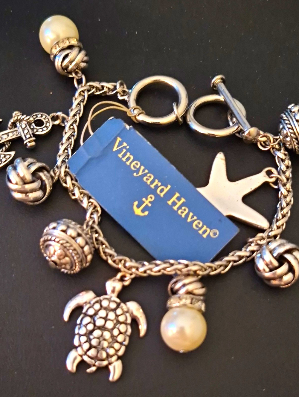 Vineyard Haven Silver Adjustable Charm Bracelet Anchor Starfish Turtle Pearl